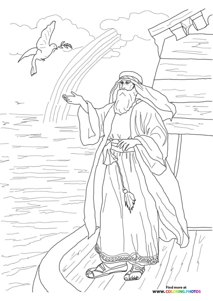 Noah with long beard and dove holding olive branch, rainbow stretching across sky from ark coloring page