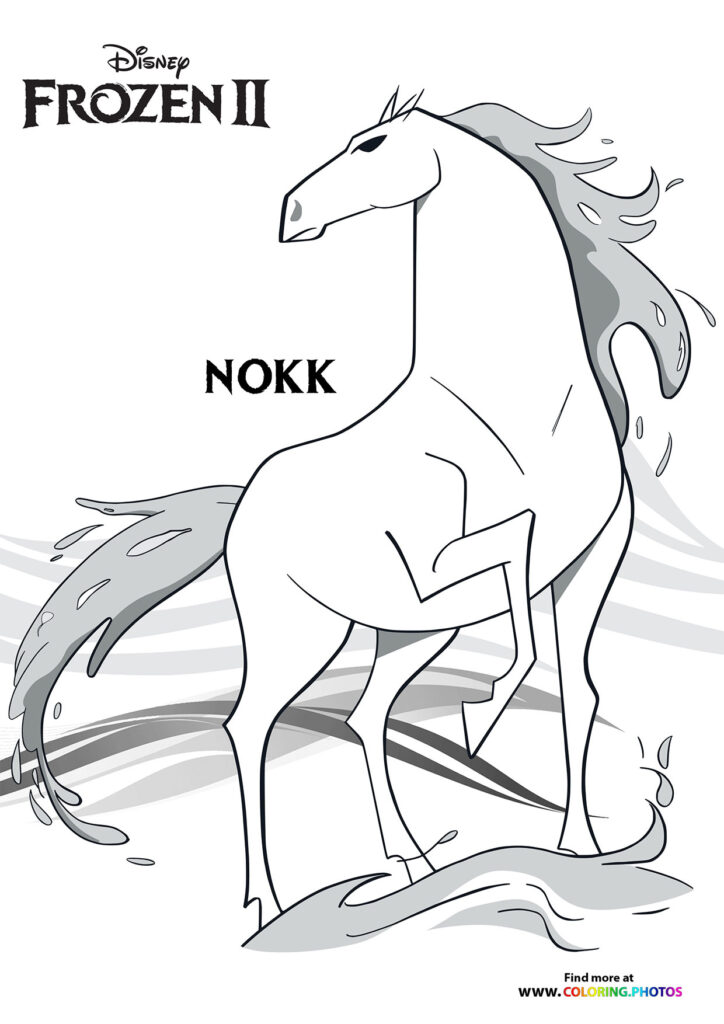Nokk the water horse rearing up with flowing mane and tail surrounded by water and mist coloring page from Frozen 2