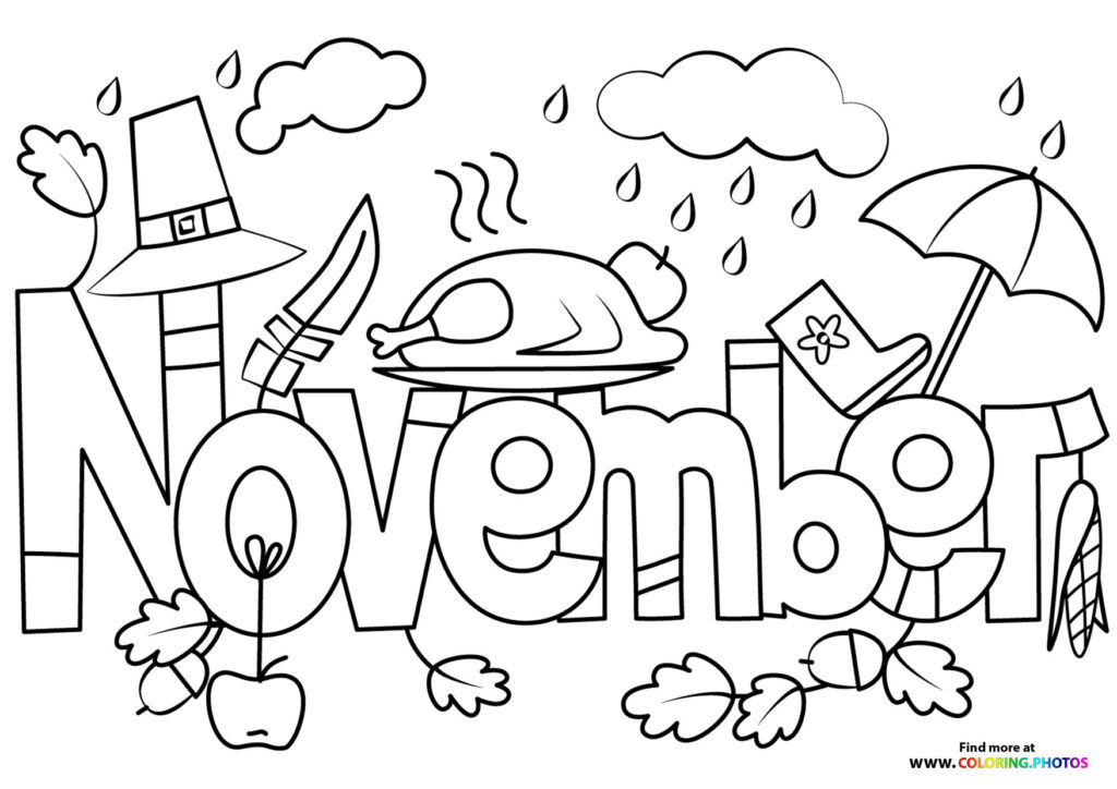 November word art with pilgrim hat, turkey, umbrella, raindrops, apples, corn, and autumn leaves coloring page