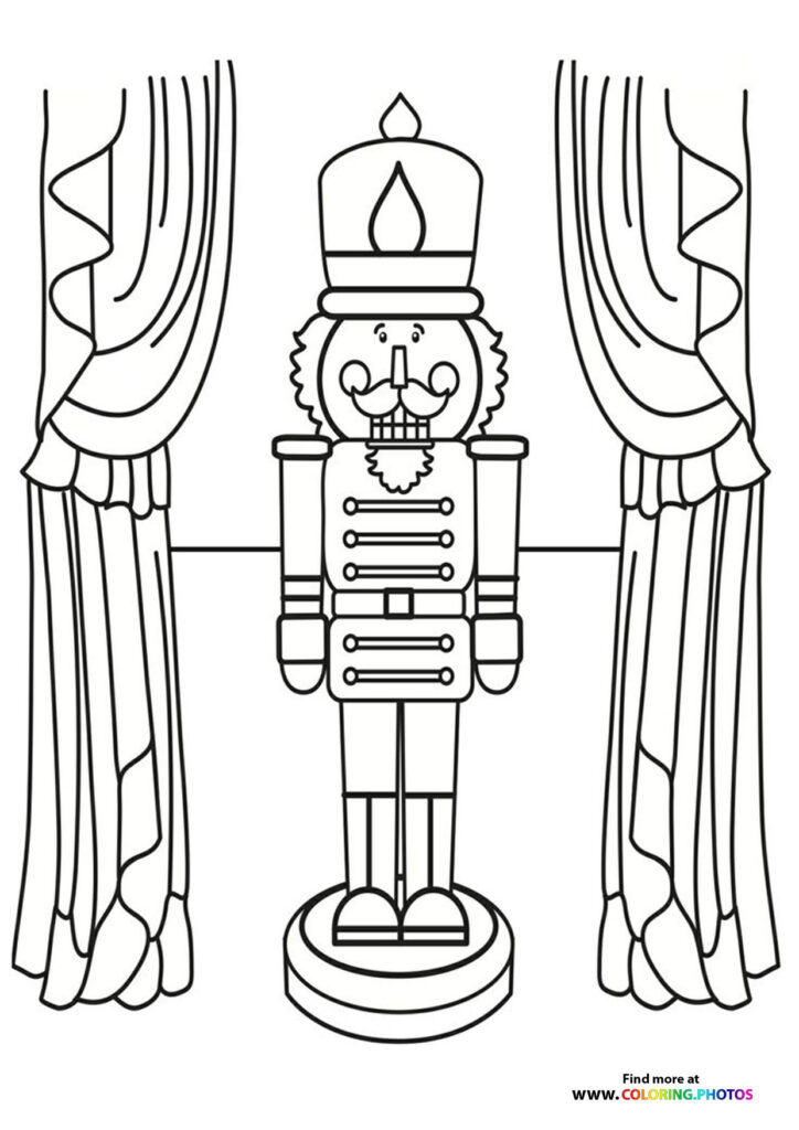 Nutcracker soldier with tall hat and ornate uniform standing between two draped velvet curtains coloring page