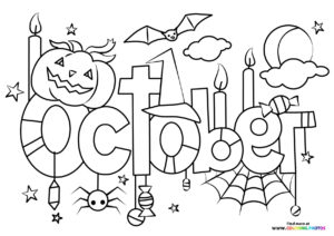 October autumn text sign coloring page
