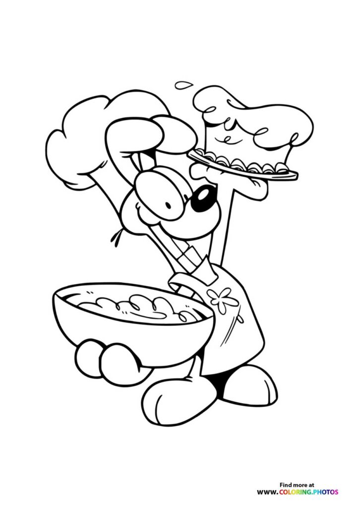 Garfield wearing a chef's hat and apron while holding a large bowl and wooden spoon, cooking coloring page from The Garfield Movie