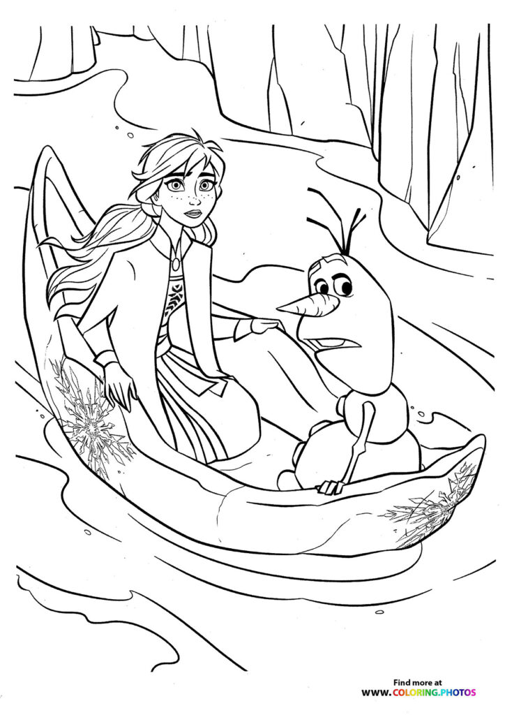 Elsa and Olaf in a snowy forest clearing coloring page from Frozen and Olaf Presents