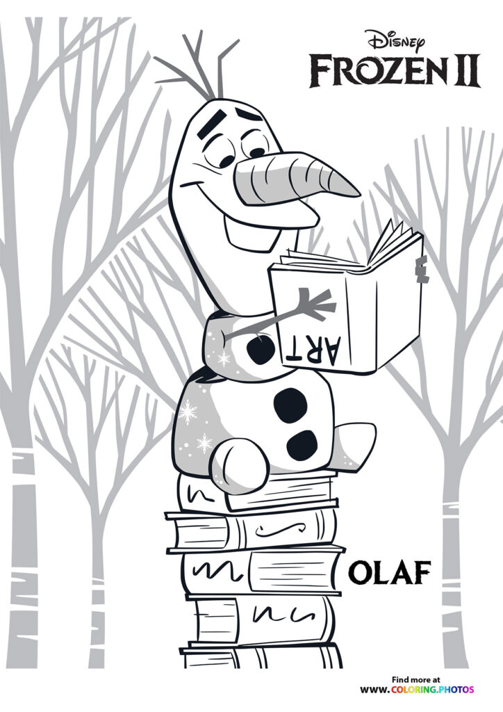 Olaf sitting on a stack of books and reading from Frozen II coloring page