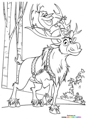 Olaf riding on Sven coloring page