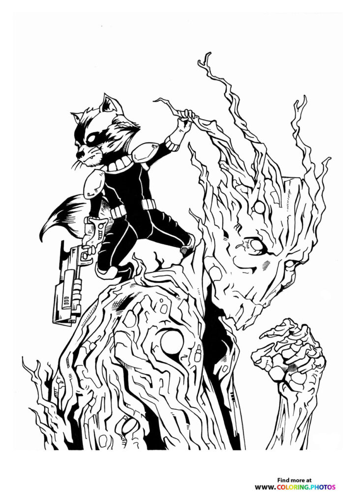 Rocket standing on Groot's shoulder with his paw raised high, Groot's wooden body and vine branches in background coloring page from I Am Groot