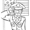 Veteran saluting in front of flag coloring page
