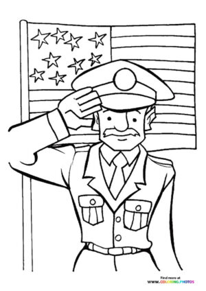 Veteran saluting in front of flag coloring page