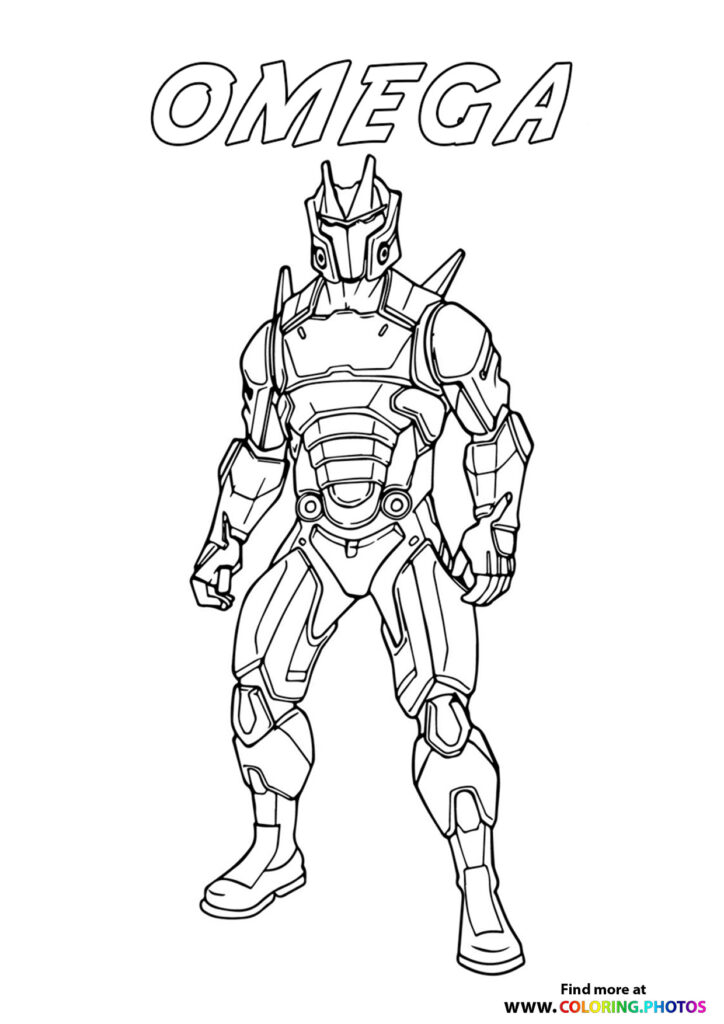 Omega character in full armored suit with spikes and detailed plating coloring page from Fortnite