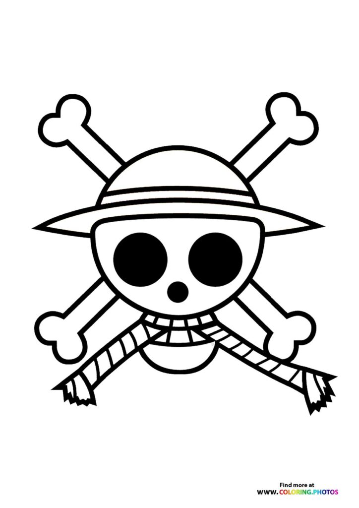 Straw Hat Pirates Jolly Roger skull with crossbones, pirate hat, and bandages coloring page from One Piece