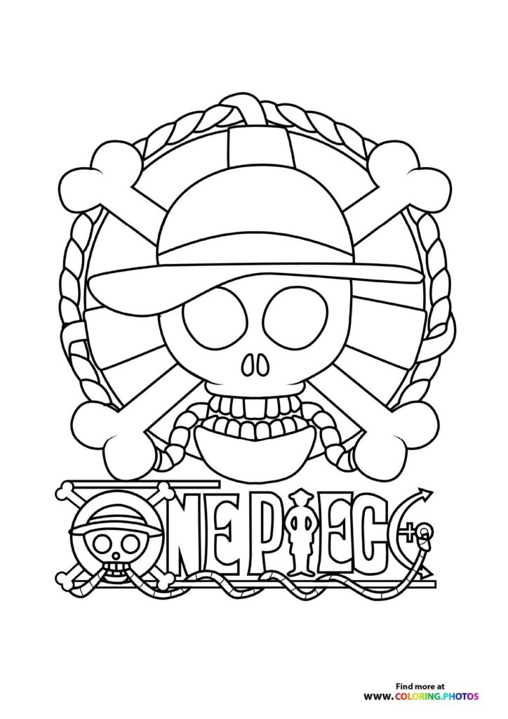 One Piece Straw Hat Pirates Jolly Roger logo with skull, crossbones, and ornate frame coloring page