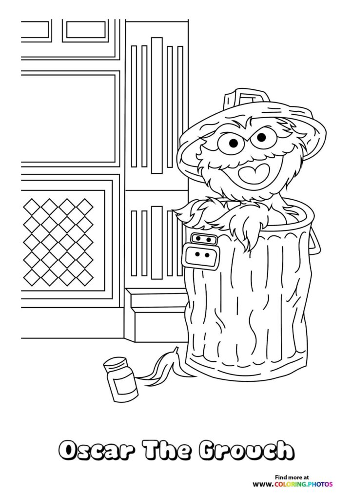 Oscar the Grouch in his trash can with cityscape background coloring page from Sesame Street