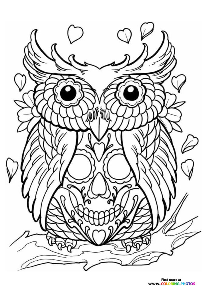 Owl skull tattoo design with detailed feathers, heart decorations, and ornamental details coloring page