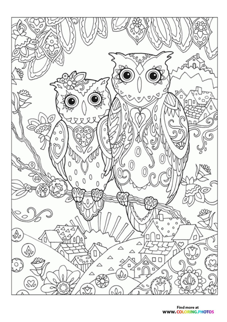 Two decorated owls sitting on a branch above a fairy tale village with houses and flowers coloring page