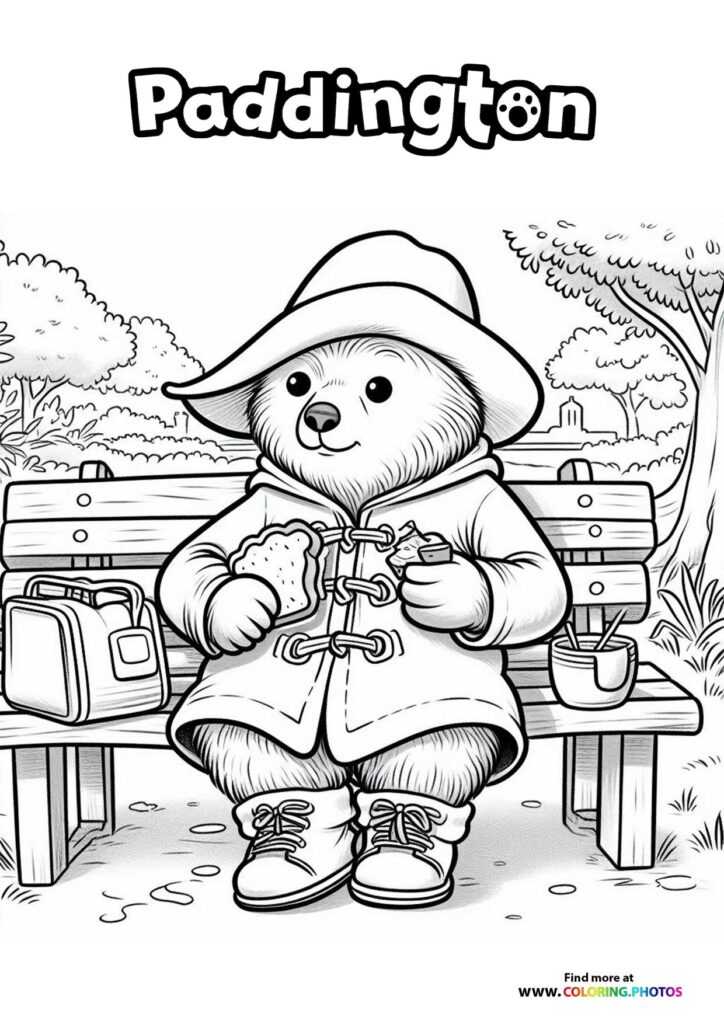 Paddington bear sitting on a park bench wearing a duffle coat and hat, holding a marmalade sandwich coloring page