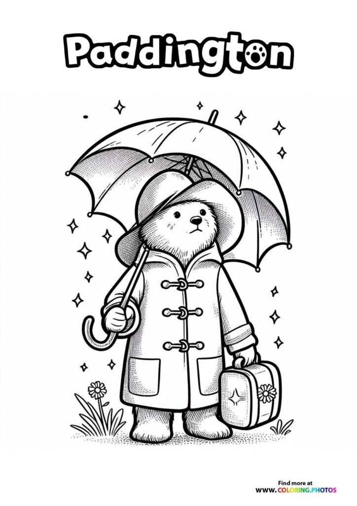 Paddington bear holding an umbrella, wearing his duffle coat and hat, holding his suitcase, with flowers and sparkles around him coloring page