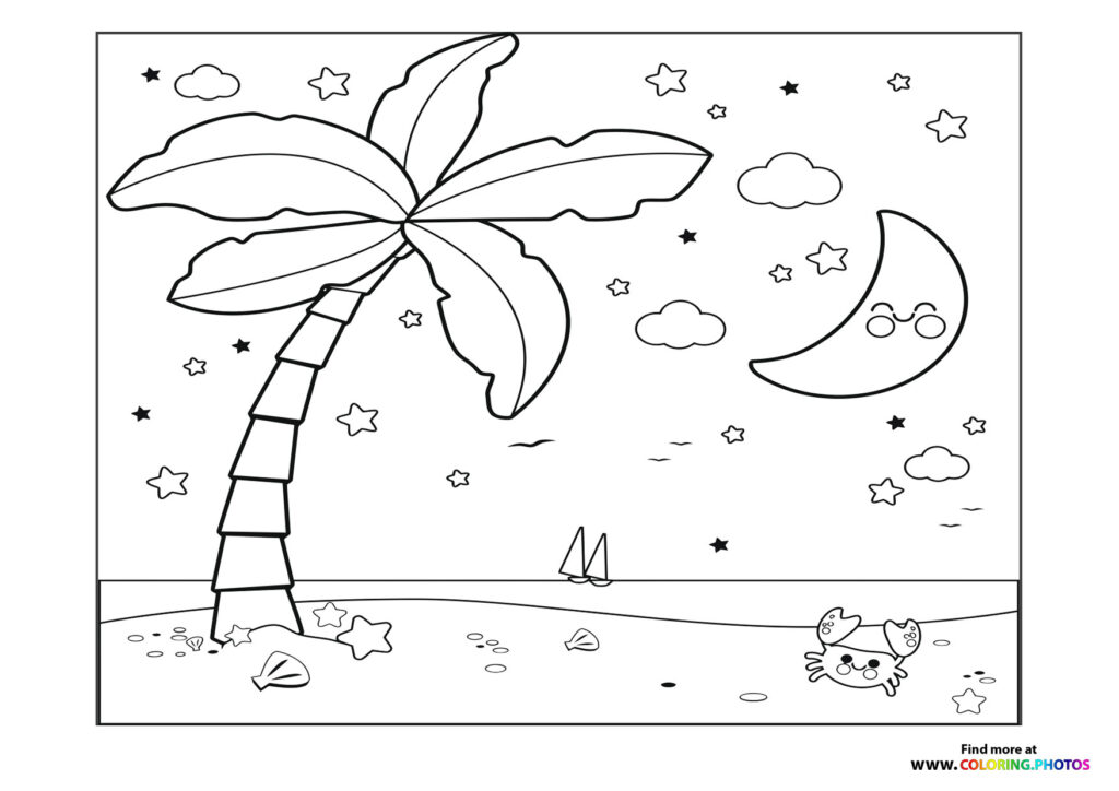 Palm tree on a beach under a smiling moon, stars, clouds, sailboat, and crab coloring page
