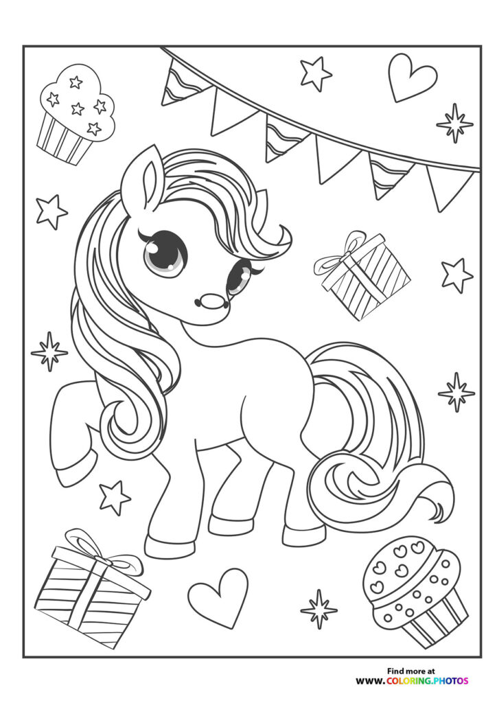 A party pony with long mane and tail surrounded by presents, balloons, cupcakes, stars and bunting coloring page