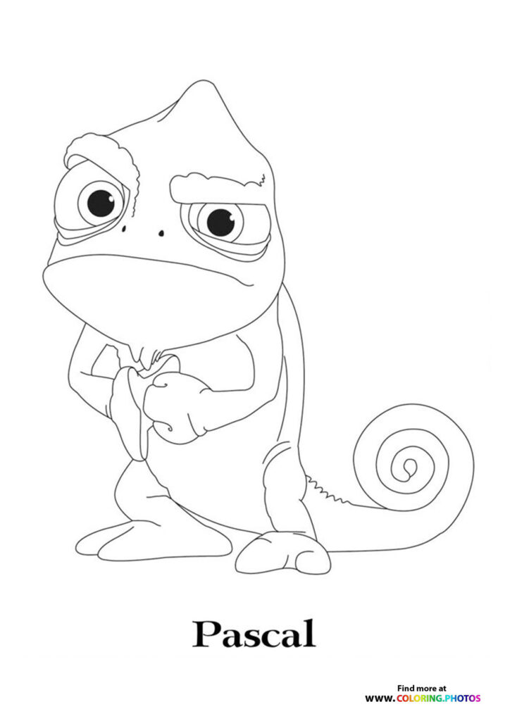 Pascal the chameleon with curled tail and expressive eyes from Disney's Tangled coloring page