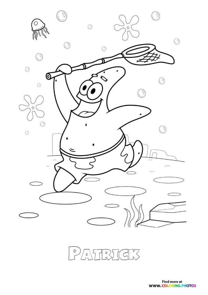 Patrick Star holding a net and catching jellyfish underwater coloring page from Saving Bikini Bottom The Sandy Cheeks Movie