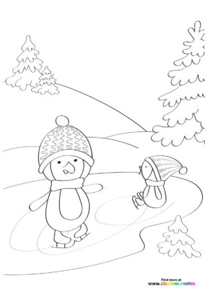 Penguins ice skating coloring page