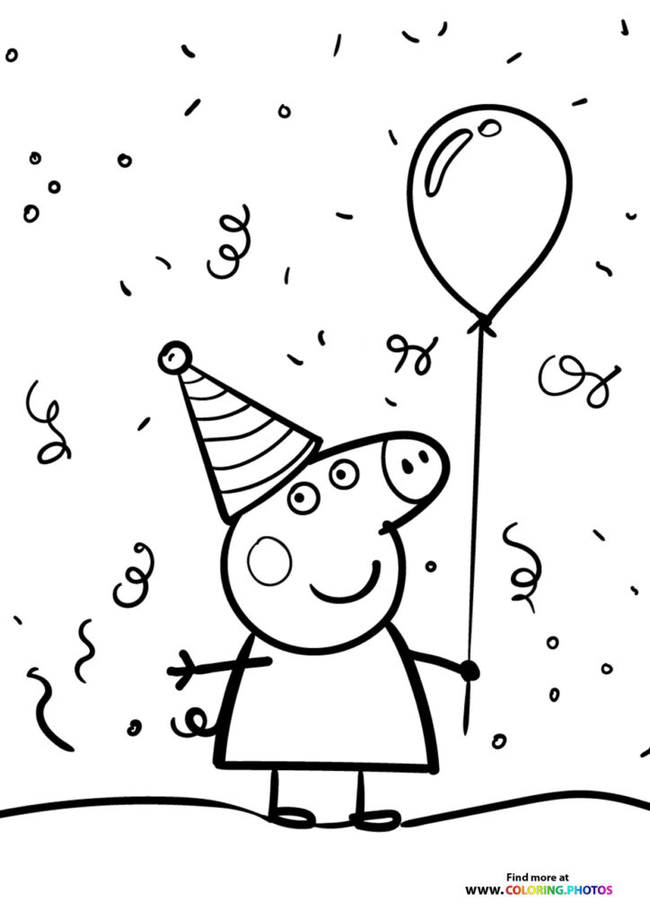 Peppa Pig wearing a party hat and holding a balloon with confetti coloring page