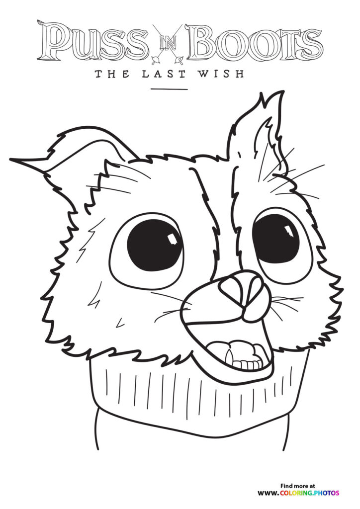 Puss in Boots with big eyes and wide smile wearing a sweater, from The Last Wish coloring page