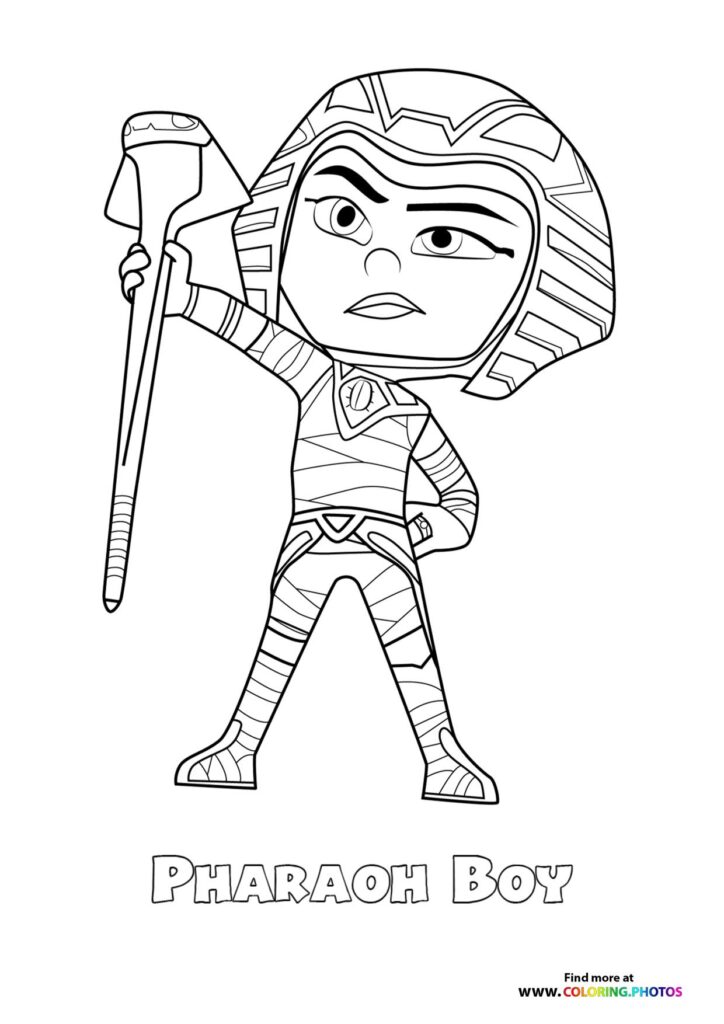 Pharaoh Boy in Egyptian mummy costume holding a staff coloring page from PJ Masks