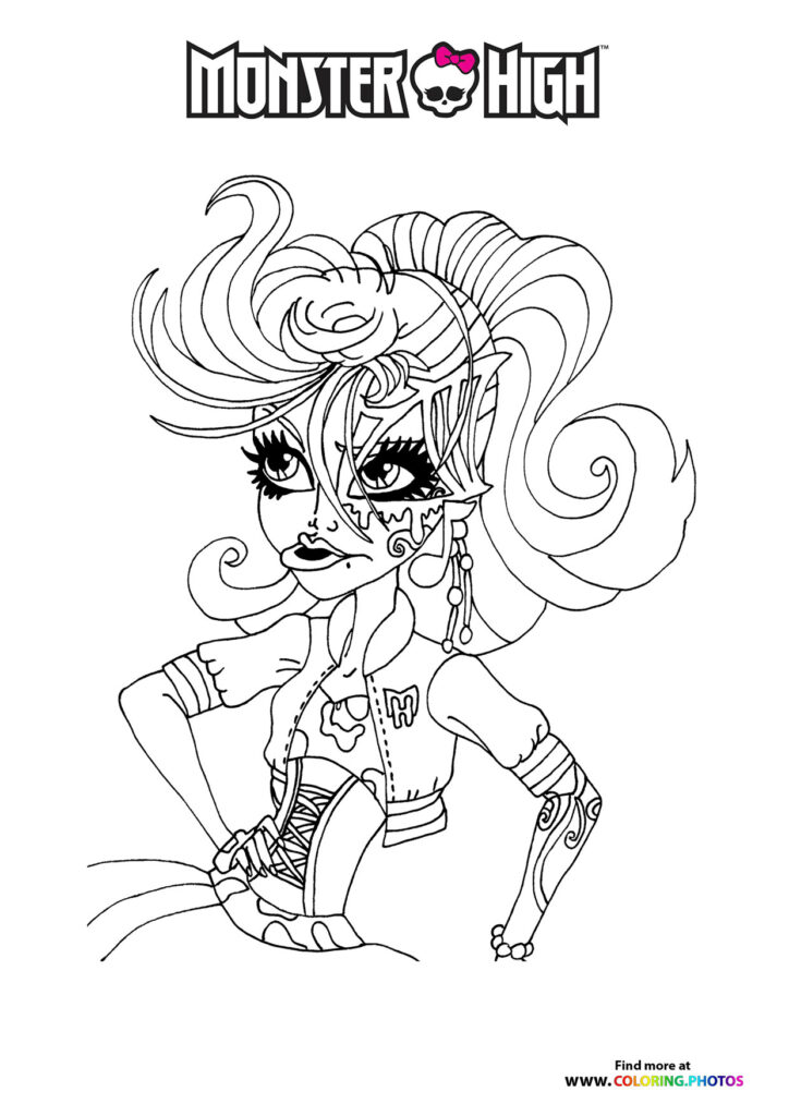 Draculaura from Monster High with big voluminous hair and gothic outfit coloring page
