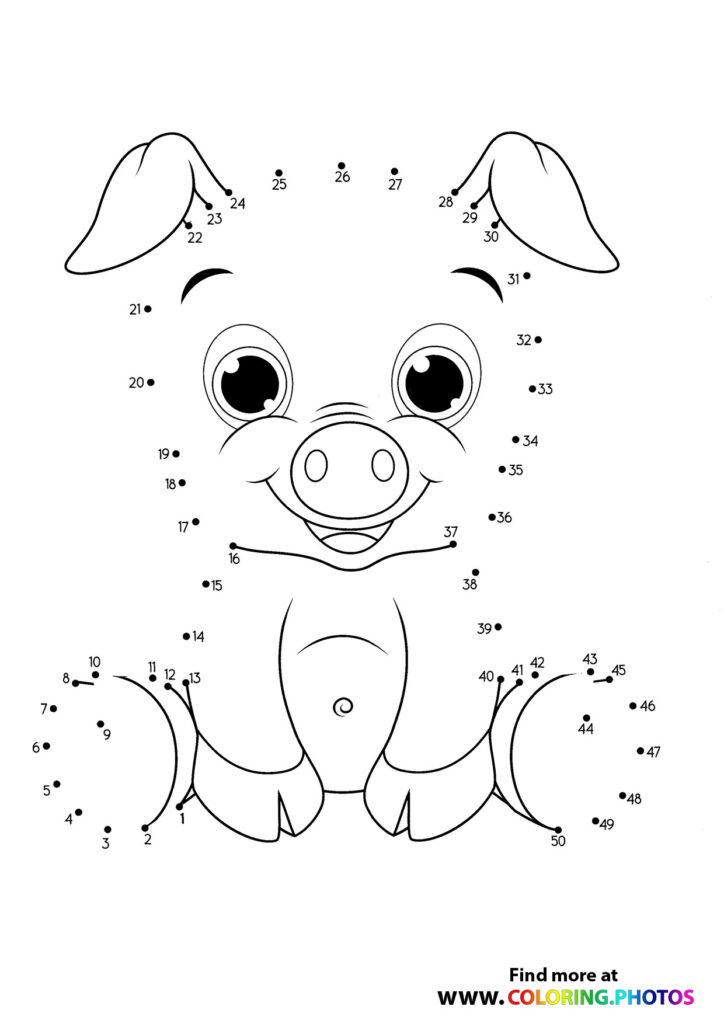 A 50-dot connect-the-dots puzzle of a cute cartoon monster with big eyes and pointy ears