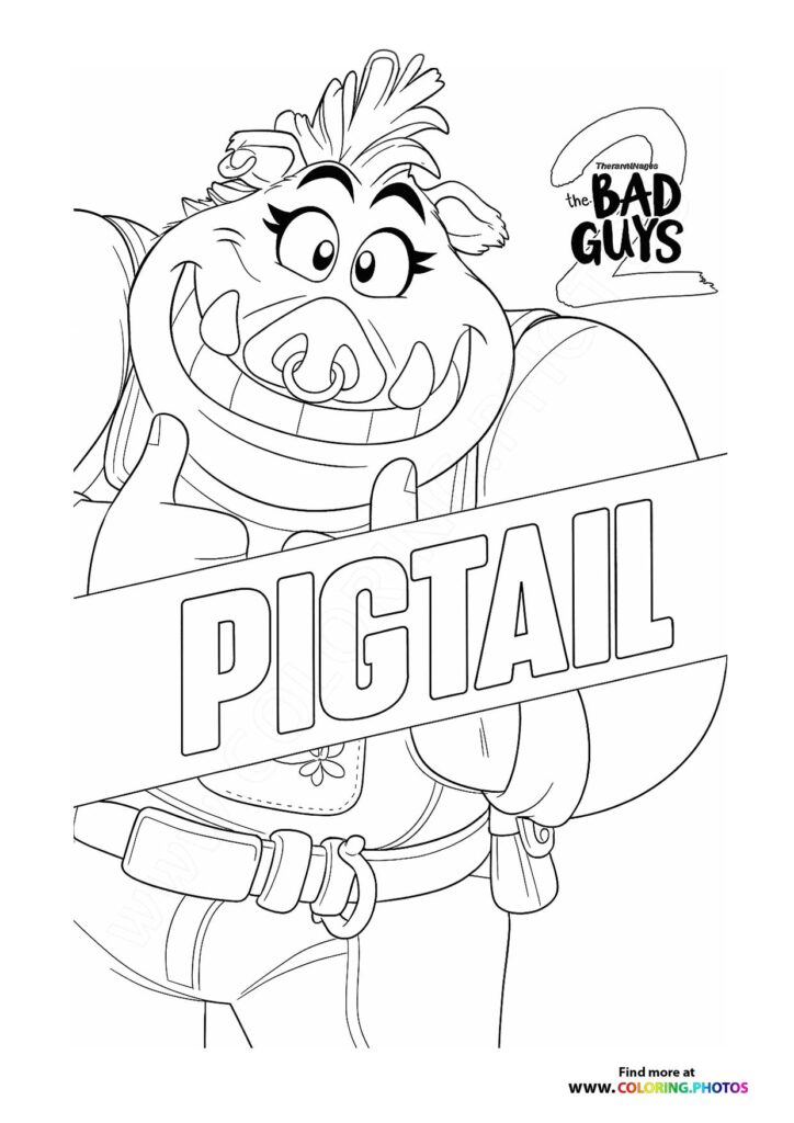 Pigtail the pig with spiky hair smiling widely coloring page from The Bad Guys 2
