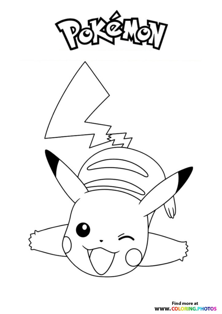 Happy Pikachu with tongue out and lightning bolt tail coloring page from Pokemon