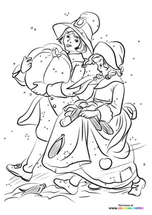Pilgrims bringing food for thanksgiving coloring page
