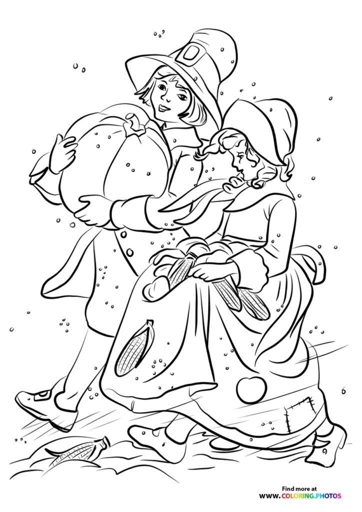 Pilgrim mother in bonnet holding corn basket with two children in snow coloring page