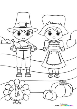 Thanksgiving pilgrim boy and girl with food coloring page