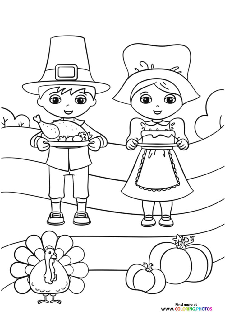 Pilgrim boy and girl holding turkey and pie with turkey and pumpkins coloring page