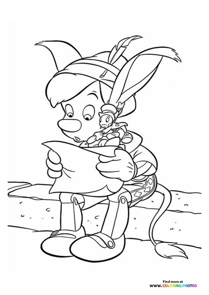 Pinocchio holding a paper with Jiminy Cricket on his shoulder coloring page from Pinocchio 2022
