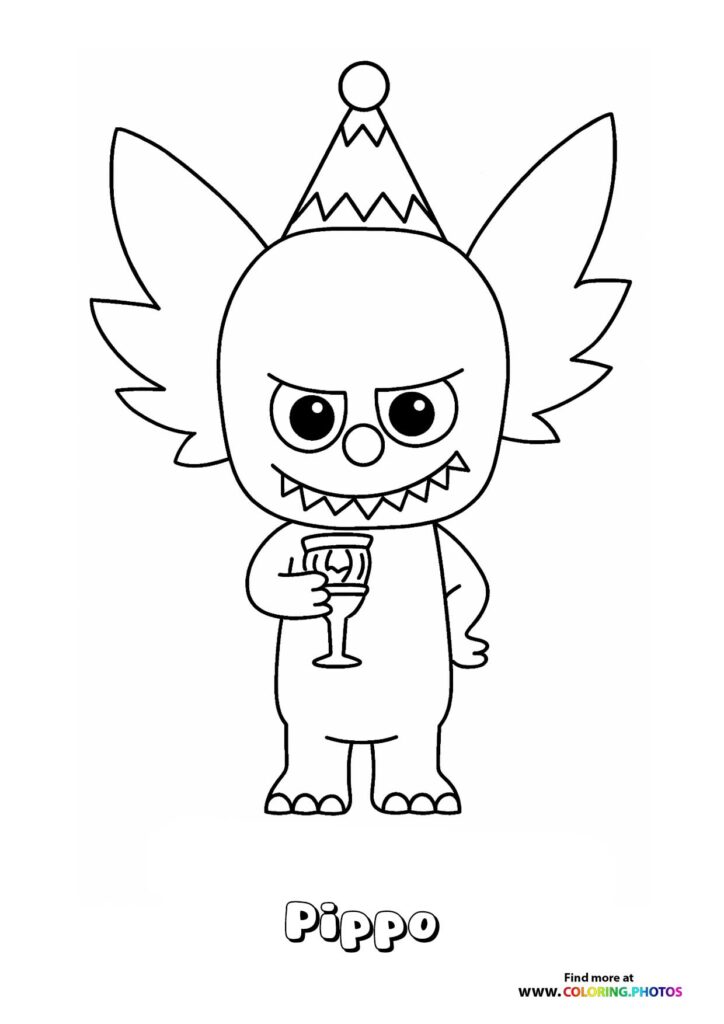 Pippo Labubu wearing a party hat and holding a champagne glass coloring page