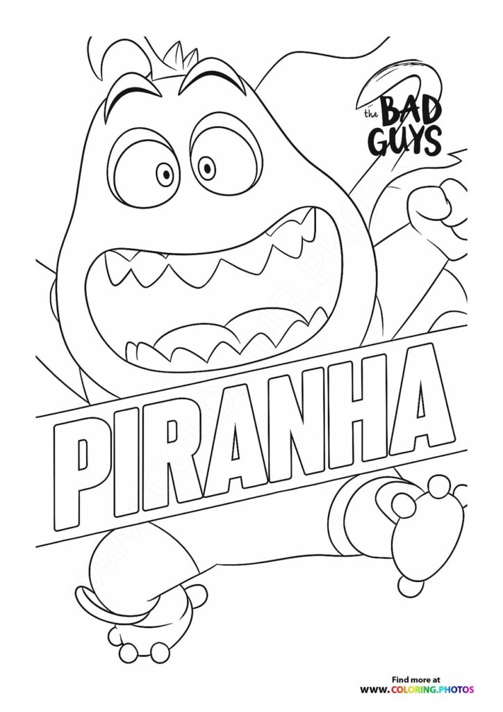 Piranha character with spiky hair and big teeth smiling mischievously, The Bad Guys 2 coloring page