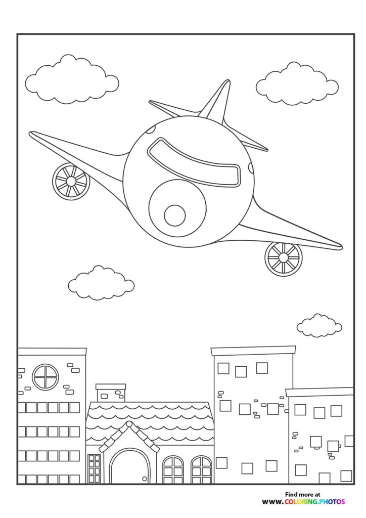Cartoon airplane flying over city buildings and clouds coloring page