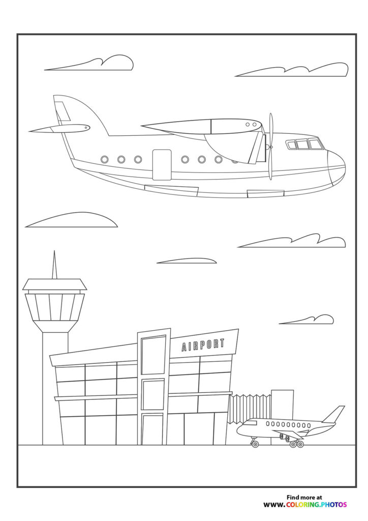 Large cargo plane at airport terminal with control tower and passenger jet coloring page