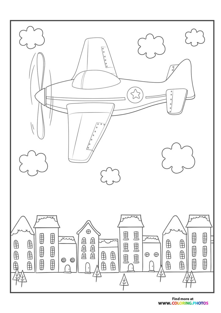 Vintage airplane flying over winter town with snow-covered buildings and clouds coloring page