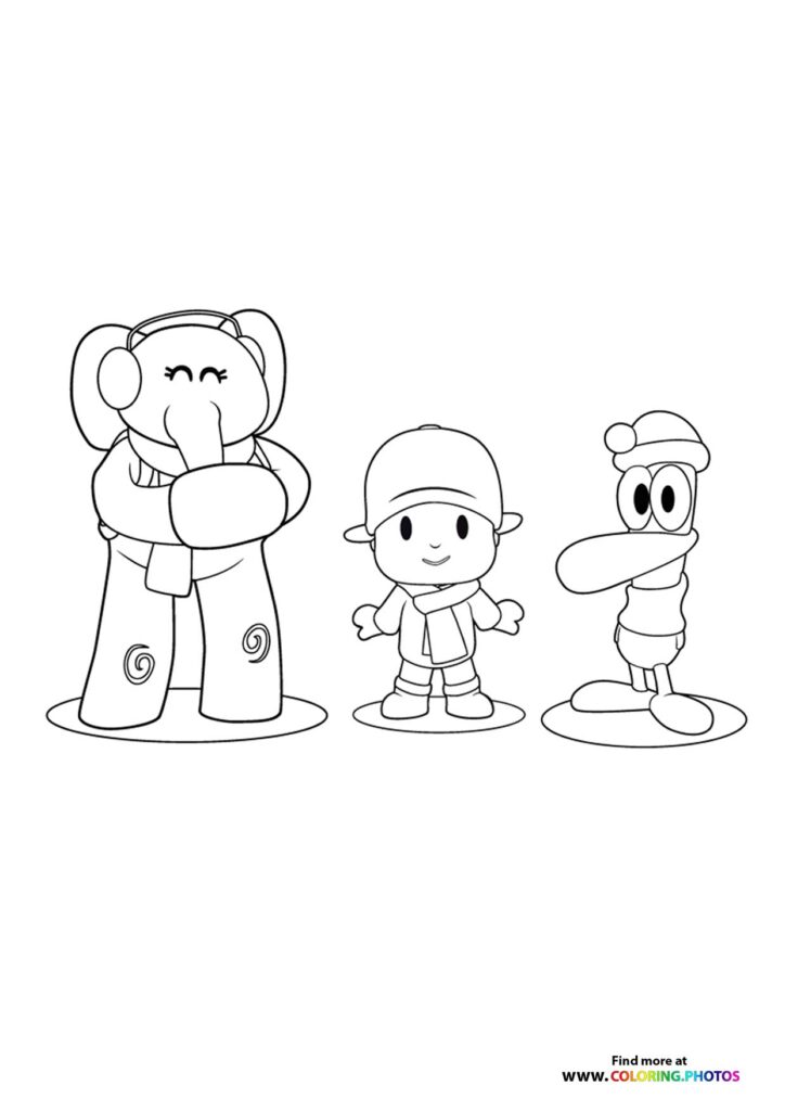 Pocoyo with Elly the elephant and Pato the duck standing together coloring page