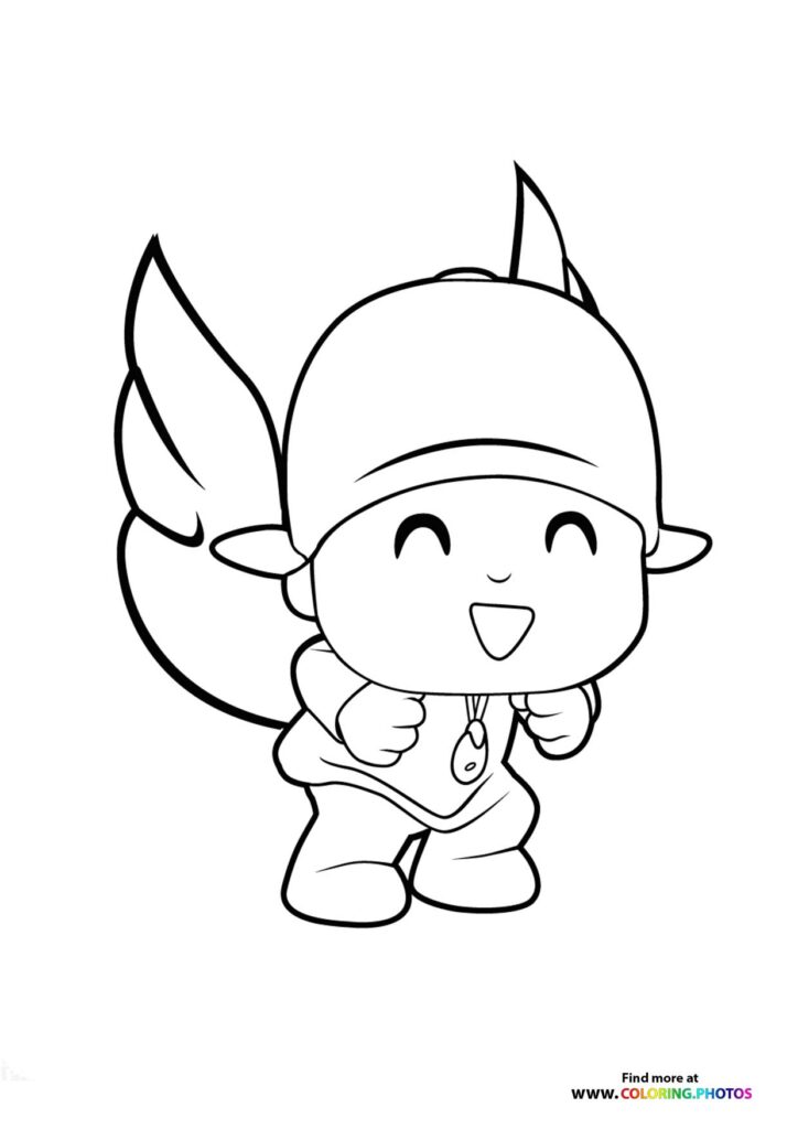 Pocoyo wearing an Indian costume with feathered headdress and fringed vest, giving a thumbs up coloring page