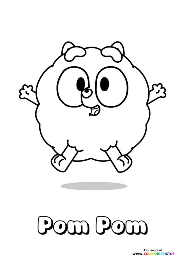 Pom Pom the cat jumping with arms spread wide, big round eyes, and happy expression coloring page