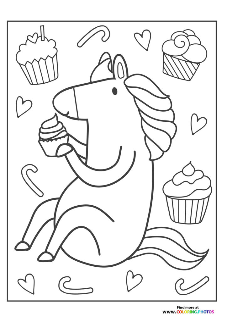 Magical pony holding a cupcake surrounded by candy canes, hearts, and frosted treats coloring page