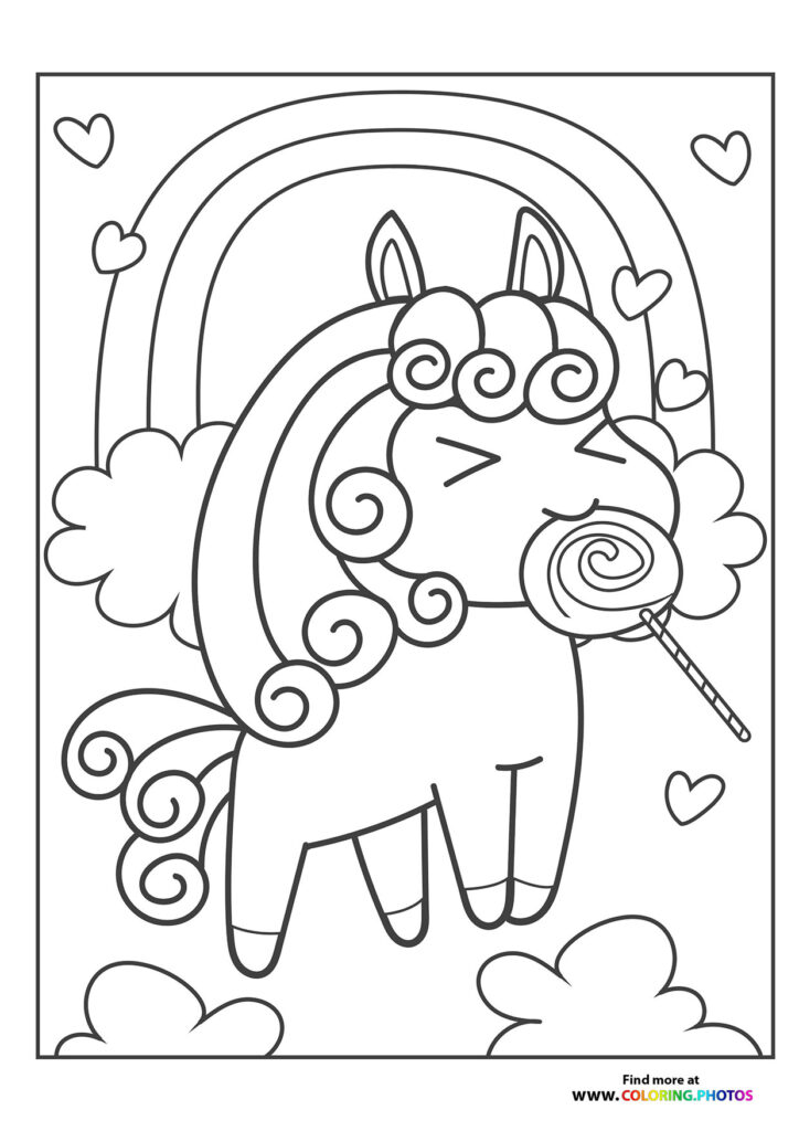 A magical pony with spiral curly mane holding a lollipop, surrounded by hearts and clouds coloring page