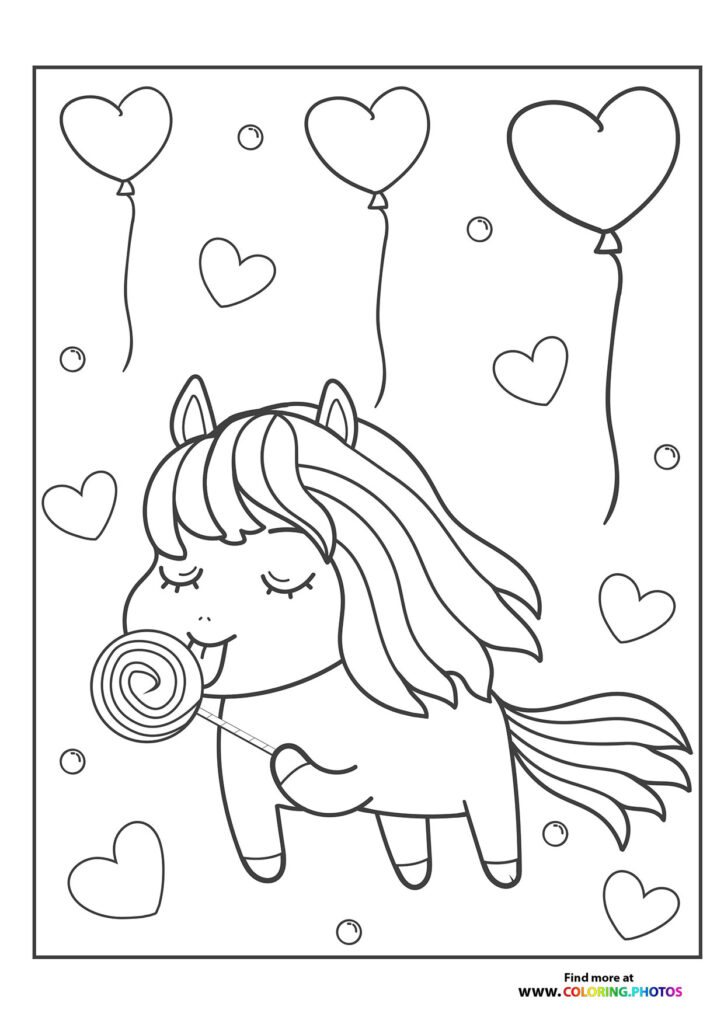 Cute pony with long mane eating a spiral lollipop, surrounded by heart balloons and bubbles coloring page