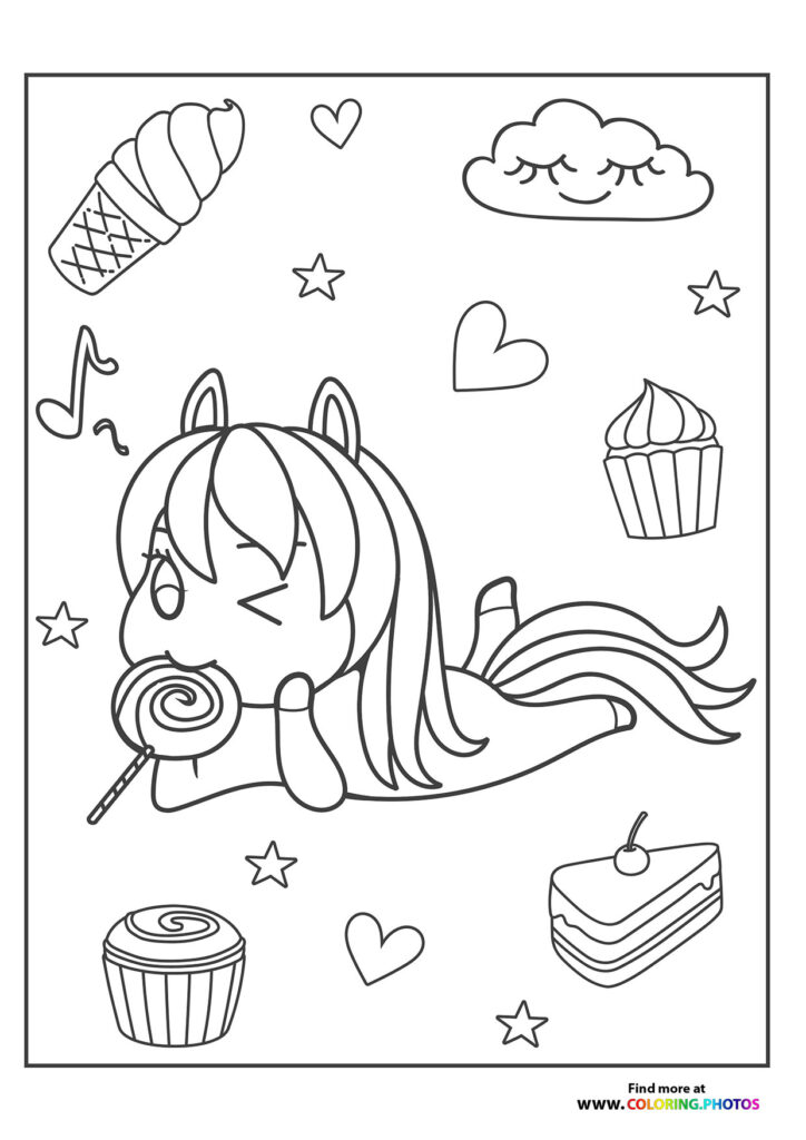 Pony holding a lollipop surrounded by cupcakes, ice cream cones, cake, and musical notes coloring page