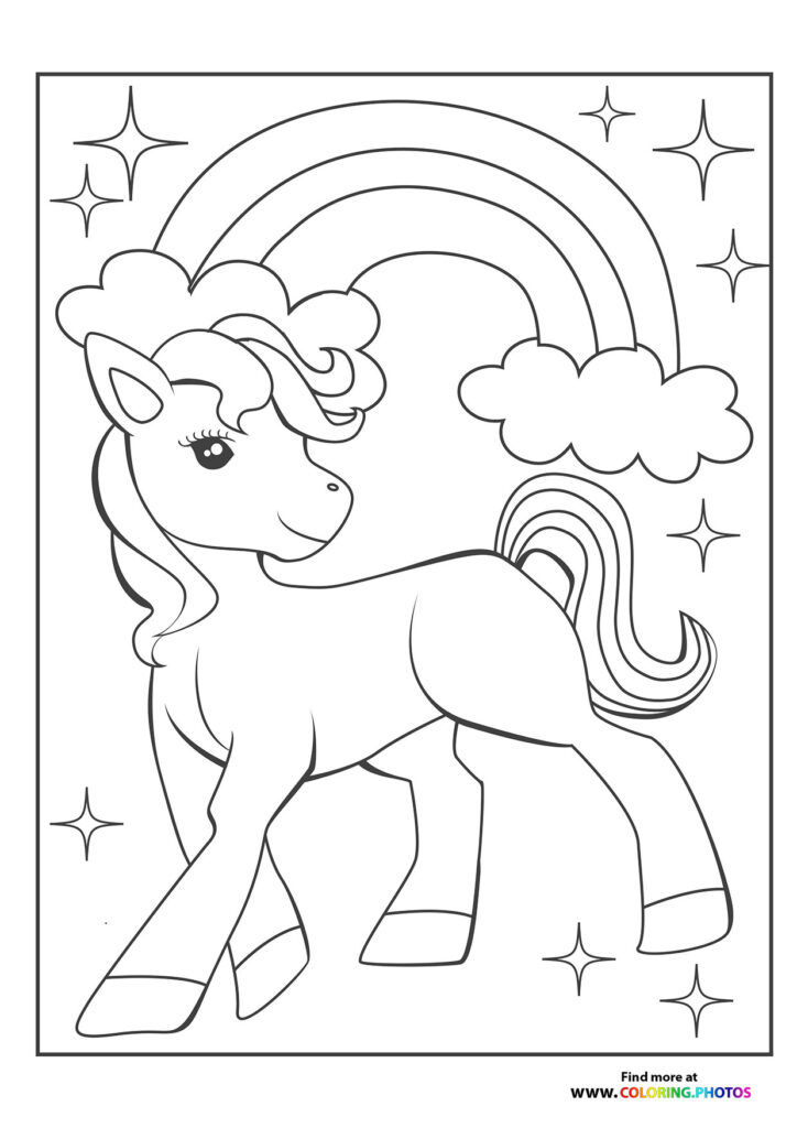 Magical unicorn with curly mane and tail standing under rainbow with clouds and stars coloring page